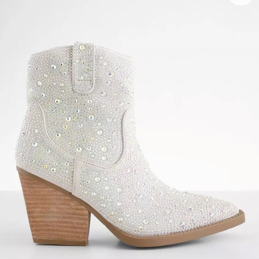 Madden Girl Jolene Rhinestone Western Booties Silver Point Toe Womens Sz 6 NWOB